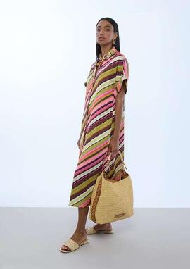 VESTIDO CAMISERO SATINADO MULTIRAYAS CRUDO MULTICO