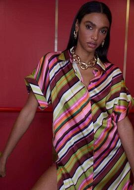 VESTIDO CAMISERO SATINADO MULTIRAYAS CRUDO MULTICO