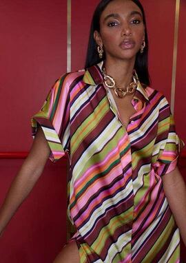 VESTIDO CAMISERO SATINADO MULTIRAYAS CRUDO MULTICO