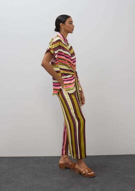 BLUSA CON CINTURÓN PRINT MULTIRAYAS CRUDO MULTICOLOR