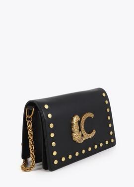 BANDOLERA CON SOLAPA LC ANIMAL Y TACHAS COLOR NEGR