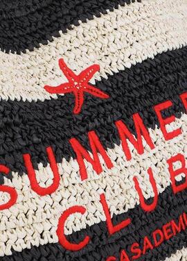 BOLSO EFECTO RAFIA A RAYAS CON BORDADO 3D NEGRO Y CRUDO