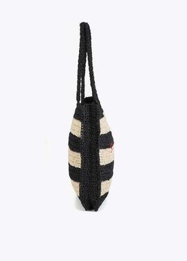 BOLSO EFECTO RAFIA A RAYAS CON BORDADO 3D NEGRO Y CRUDO