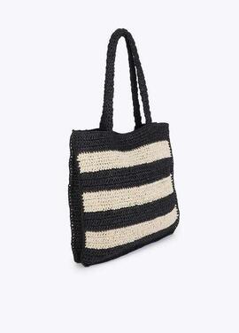 BOLSO EFECTO RAFIA A RAYAS CON BORDADO 3D NEGRO Y CRUDO