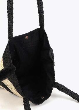 BOLSO EFECTO RAFIA A RAYAS CON BORDADO 3D NEGRO Y CRUDO