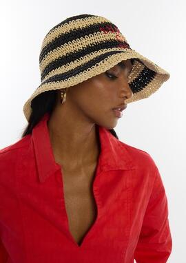 SOMBRERO EFECTO RAFIA A RAYAS CON BORDADO 3D NEGRO