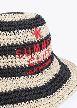 SOMBRERO EFECTO RAFIA A RAYAS CON BORDADO 3D NEGRO