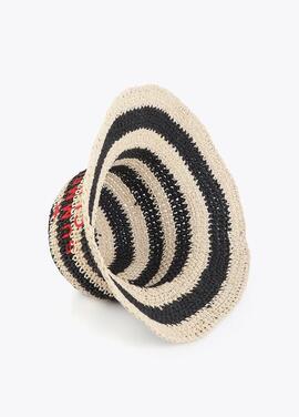 SOMBRERO EFECTO RAFIA A RAYAS CON BORDADO 3D NEGRO
