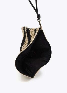 CARTERA EFECTO RAFIA A RAYAS CON BORDADO 3D NEGRO