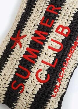 CARTERA EFECTO RAFIA A RAYAS CON BORDADO 3D NEGRO