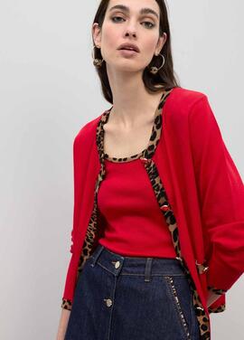CARDIGAN CON CONTRASTE ANIMAL PRINT ROJO Y MARRÓN