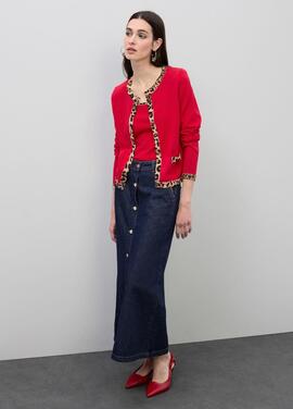 CARDIGAN CON CONTRASTE ANIMAL PRINT ROJO Y MARRÓN