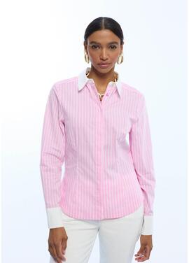 CAMISA POPELÍN ENTALLADA RAYAS ROSA Y BLANCO