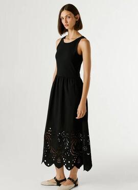 VESTIDO LARGO CON DETALLES CALADOS NAOMI 999 BLACK