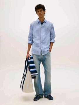 CAMISA DE RAYAS REGULAR FIT CON MEZCLA DE LINO BLUE TWILIGHT