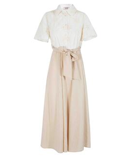 VESTIDO CAMISERO COMBINADO CRUDO Y BEIGE