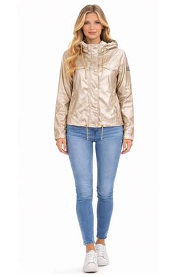 CHAQUETA DE MUJER CORTAVIENTOS CON CAPUCHA BEIGE METALIZADO