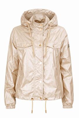 CHAQUETA DE MUJER CORTAVIENTOS CON CAPUCHA BEIGE METALIZADO