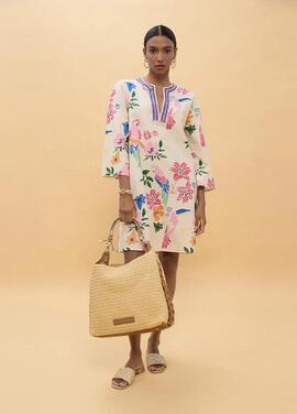 VESTIDO CORTO ABALORIOS MULTICOLOR CRUDO-MULTICOLO