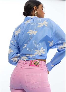 PANTALÓN VAQUERO CAMPANITA BOTONES COLOR ROSA