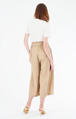 PANTALÓN PALAZZO CROPPED MEZCLA DE LINO BEIGE