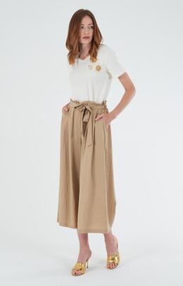 PANTALÓN PALAZZO CROPPED MEZCLA DE LINO COLOR FANGO