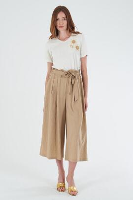 PANTALÓN PALAZZO CROPPED MEZCLA DE LINO COLOR FANGO