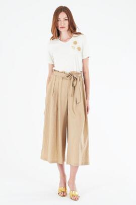 PANTALÓN PALAZZO CROPPED MEZCLA DE LINO BEIGE