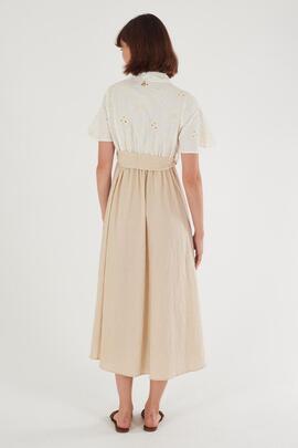 VESTIDO CAMISERO COMBINADO CRUDO Y BEIGE