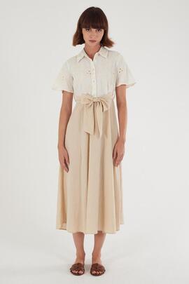 VESTIDO CAMISERO COMBINADO CRUDO Y BEIGE