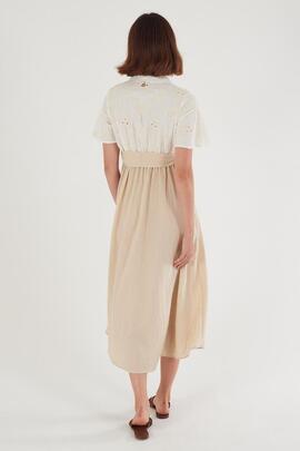 VESTIDO CAMISERO COMBINADO CRUDO Y BEIGE