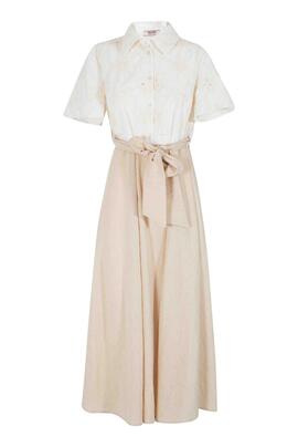 VESTIDO CAMISERO COMBINADO CRUDO Y BEIGE