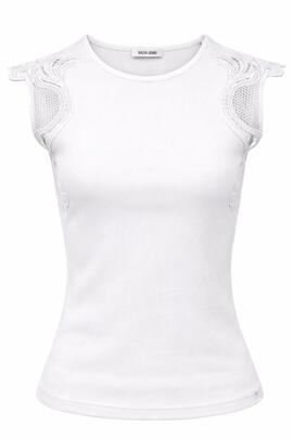 TOP ACANALADO CON APLIQUES DE ENCAJE COLOR BLANCO