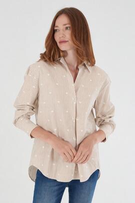 CAMISA MANGA LARGA DE MUJER EN RAYAS BEIGE Y BLANC