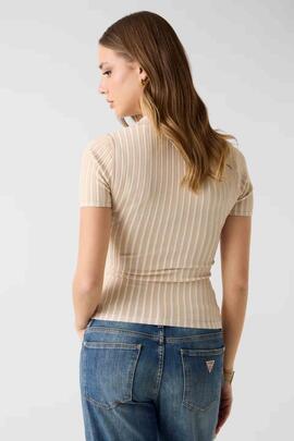 POLO ACANALADO LACE UP REGINA BEIGE E CREAM STRIPE