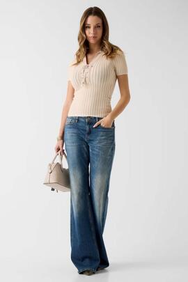 POLO ACANALADO LACE UP REGINA BEIGE E CREAM STRIPE