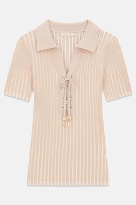 POLO ACANALADO LACE UP REGINA BEIGE E CREAM STRIPE