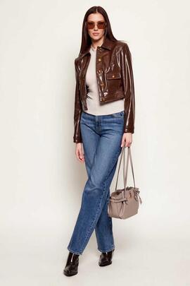 CHAQUETA BLANDINE DE PIEL SINTÉTICA MARRÓN ENCERAD